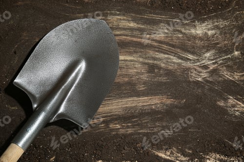 Preview: Metal shovel on dirty wooden surface, top view. Space for text