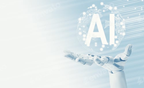 Preview: Robotic hand holding virtual globe with AI abbreviation against light grey gradient background. Arti
