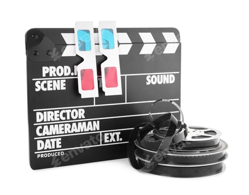 Preview: 3d Glasses, Movie Reels and Clapperboard on White Background