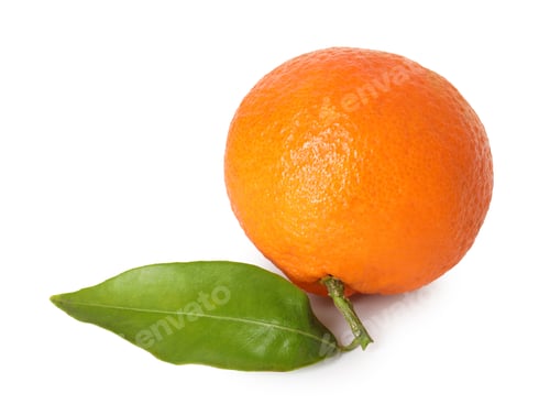 Preview: Fresh ripe tangerine with green leaf isolated on white