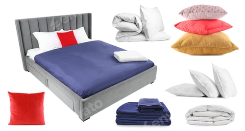 Preview: Bed with pillows and bedding isolated on white, set