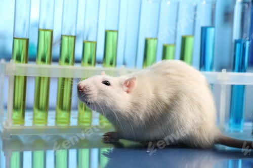 Preview: Cute rat and laboratory glassware with samples on table indoors, closeup