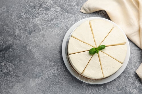 Preview: Tasty cut cheesecake with mint on grey table, top view. Space for text