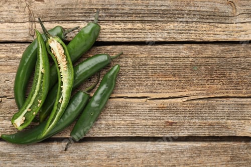 Preview: Fresh green chili peppers on wooden table, top view. Space for text