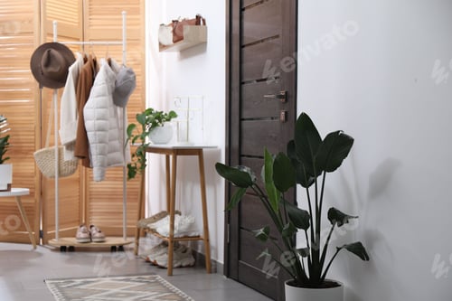 Preview: Hallway with stylish furniture, shoes and clothes. Interior design