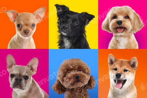 Preview: Cute dogs on colorful backgrounds. Collage of portraits