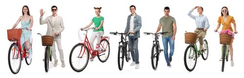 Preview: People with bicycles on white background, collage of photos