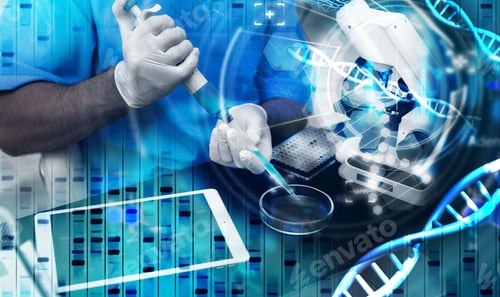 Preview: Scientist working in laboratory, double exposure with DNA helixes. Medical poster for genetics