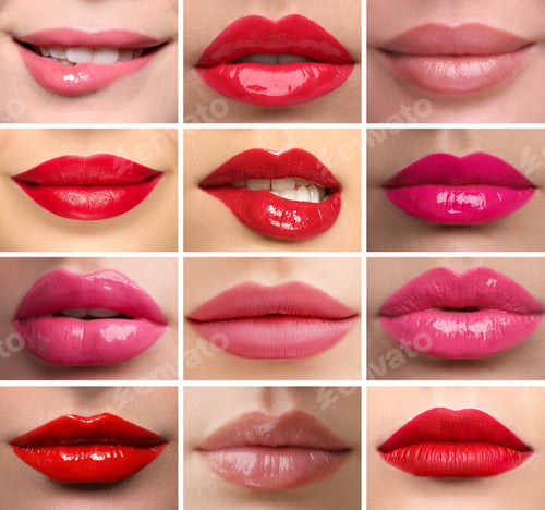 Preview: Women's lips with lipsticks of different shades, collage