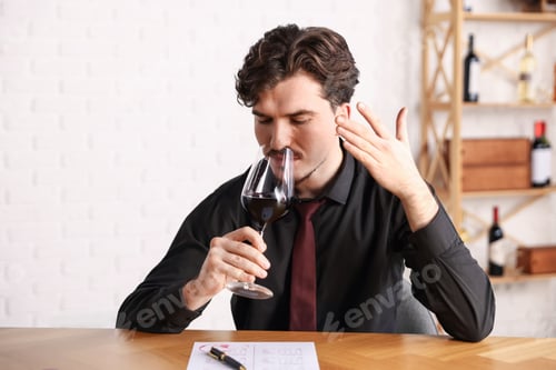 Preview: Professional sommelier tasting red wine at wooden table indoors