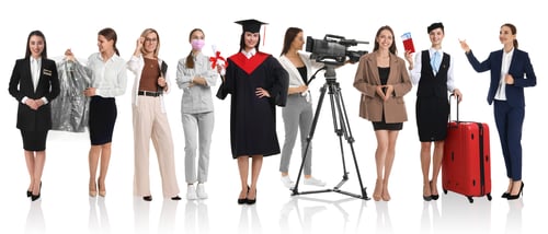 Preview: Choice of profession. Graduate student and women of various occupations on white background