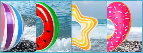 Preview: Sea, beach ball and different swim rings, collage. Summer vacation
