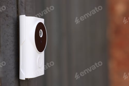Preview: Modern intercom system on gate outdoors, closeup. Space for text