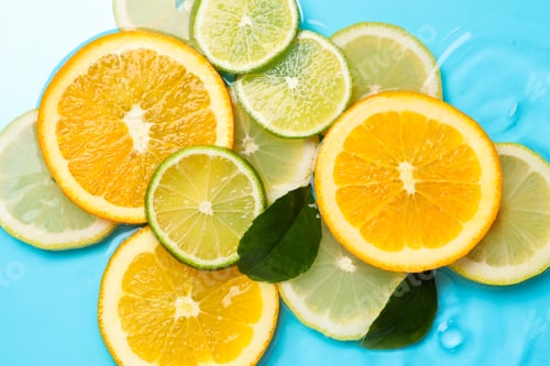 Preview: Citrus slices and green leaves in water on light blue background, flat lay