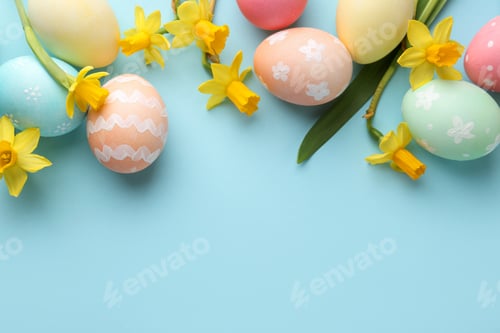 Preview: Painted Easter eggs and beautiful daffodils on light blue background, flat lay. Space for text