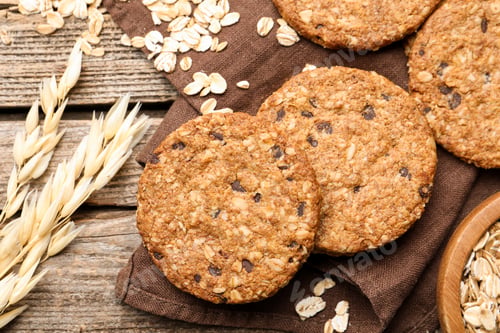 Preview: Delicious oatmeal cookies, oat flakes and spikes on wooden table, flat lay