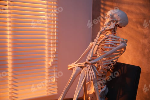 Preview: Waiting concept. Human skeleton sitting in armchair indoors, space for text