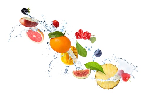 Preview: Fresh fruits and water splash in air against white background