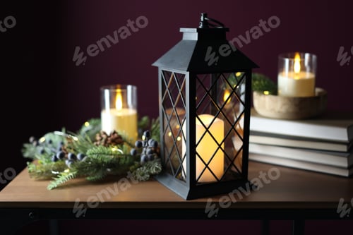 Preview: Christmas lantern, burning candles, books and decor on wooden table against dark background, closeup