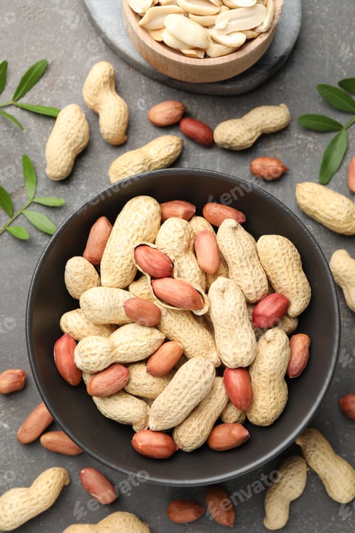 Preview: Fresh peanuts and twigs on grey table, flat lay