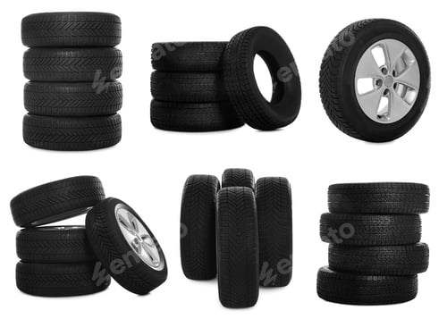 Preview: Car tires and wheels isolated on white, set