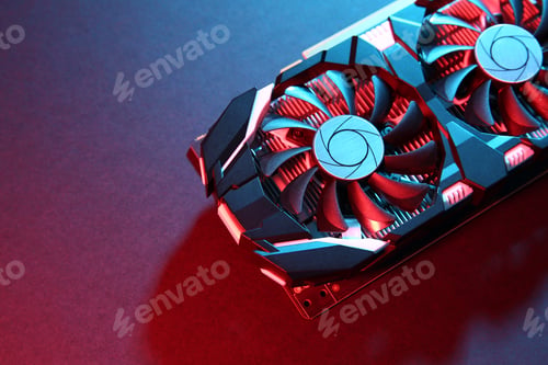 Preview: Computer graphics card on color background, top view. Space for text