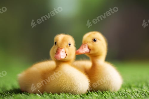 Preview: Cute fluffy ducklings on artificial grass, closeup. Baby animals