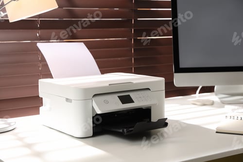 Preview: Modern printer and computer on white table in office, closeup