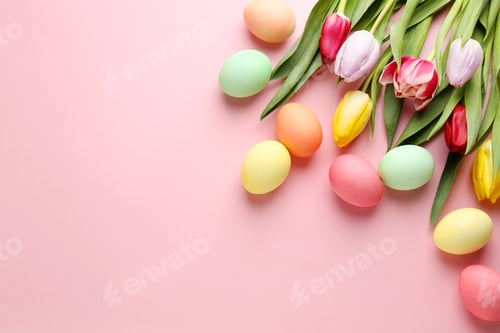Preview: Painted Easter eggs and beautiful tulips on pink background, flat lay. Space for text