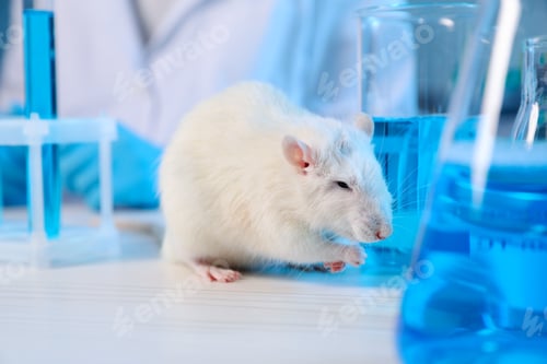 Preview: Cute rat and laboratory glassware with samples on white wooden table indoors, closeup