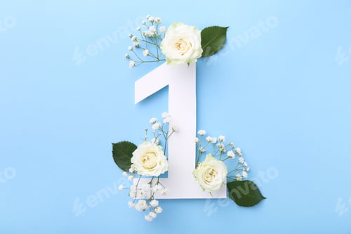 Preview: Paper number 1, beautiful flowers and green leaves on light blue background, top view