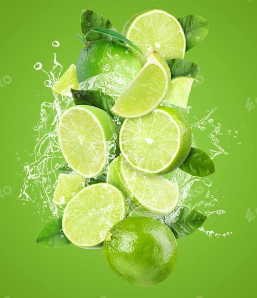 Preview: Fresh limes and splashing drink in air against green background