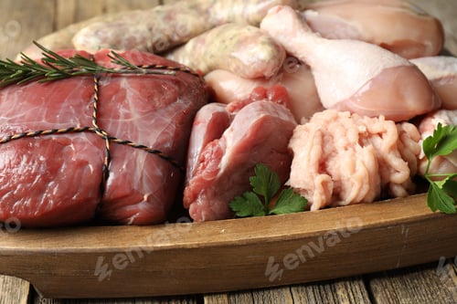 Preview: Different raw meat products, parsley and rosemary on table, closeup