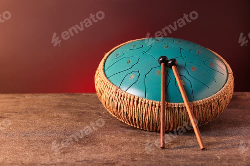 Preview: Steel tongue drum and mallets on grey textured table against brown background, closeup. Space for te