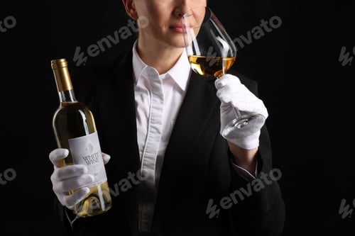 Vorschau: Professioneller Sommelier, der Wein auf schwarzem Hintergrund verkostet, Nahaufnahme