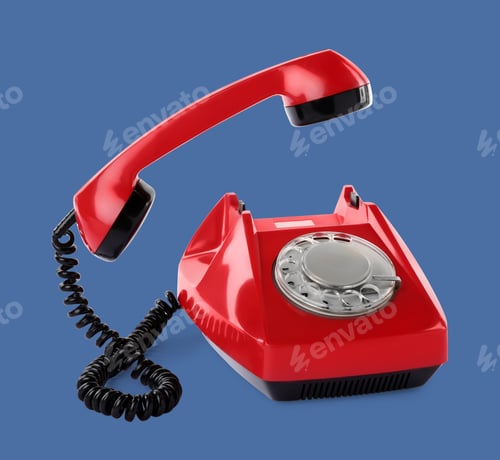 Preview: Old telephone with handset in air on blue background. Hotline concept
