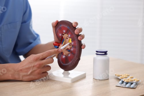 Preview: Doctor showing kidney model near pills at wooden table in clinic, closeup