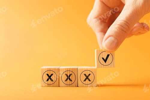 Preview: Woman putting wooden cube with checkmark next to others with cross marks on orange background, close