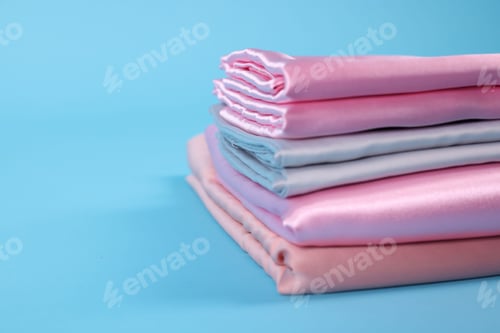 Preview: Stack of fresh bed linens on light blue background, closeup. Space for text