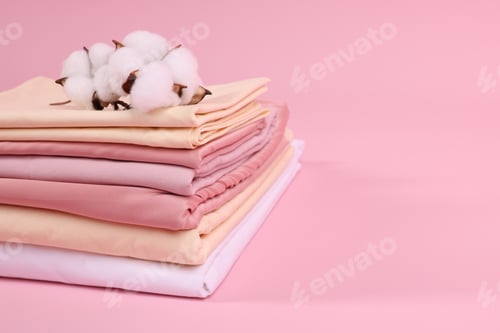 Preview: Stack of fresh bed linens and cotton flowers on pink background, closeup. Space for text