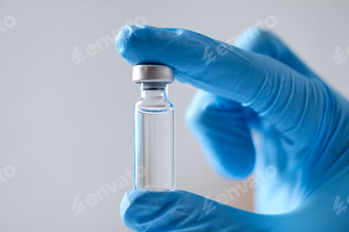 Preview: Nurse holding vial of vaccine on light background, closeup. Space for text