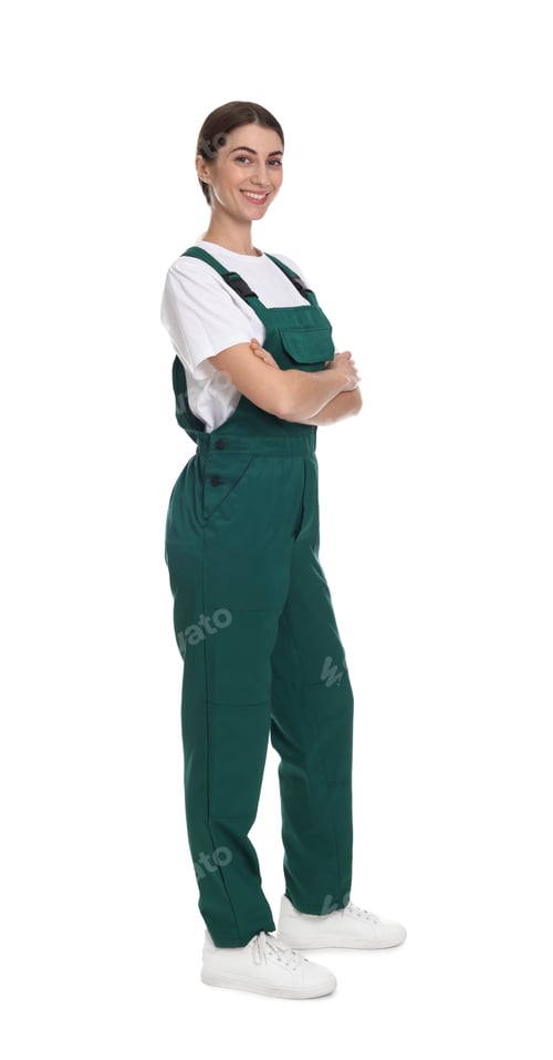Preview: Smiling cleaning service worker on white background