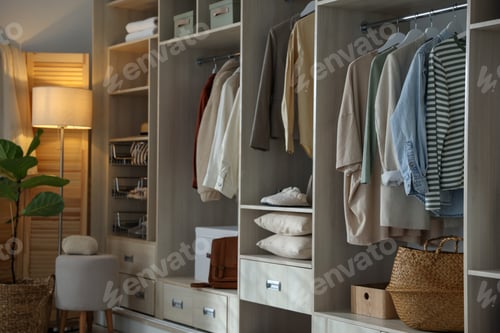Preview: Wardrobe with different neatly organized clothes and home stuff