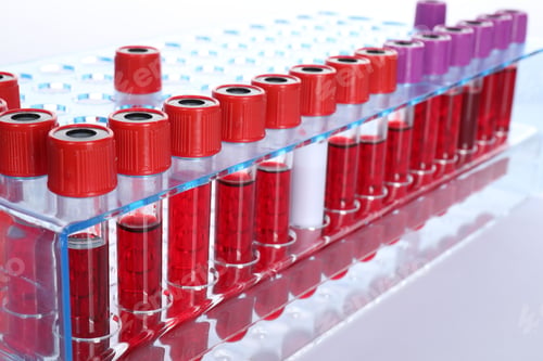 Preview: Many test tubes with blood samples in rack on mirror surface, closeup