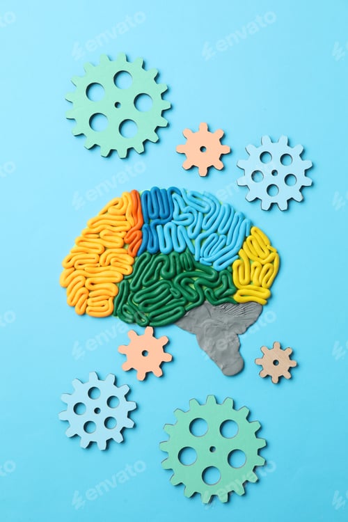 Preview: Amnesia problem. Brain with sections made of plasticine and gears on light blue background, flat lay