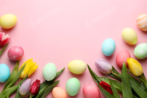 Preview: Painted Easter eggs and beautiful tulips on pink background, flat lay. Space for text