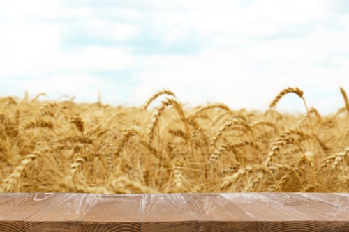 Preview: Empty wooden table in wheat field. Space for design