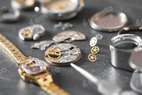 Preview: Mechanism of vintage wrist watch and gears on black table, closeup