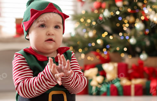 Preview: Cute little baby in elf costume on floor at home, space for text. Christmas season