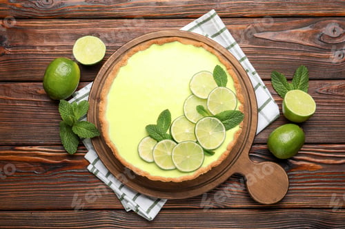 Preview: Tasty lime pie with fruit slices and mint leaves on wooden table, flat lay